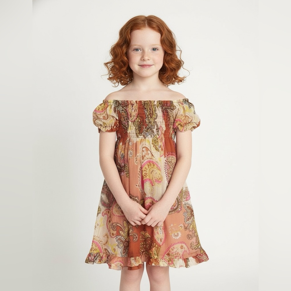 I Love Gorgeous Paisley Off-Shoulder Dress - Pink and Brown 2/3 NWT Cottage Chic